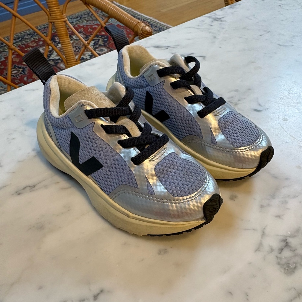 Veja Kids Metallic Silver and Blue Sneakers